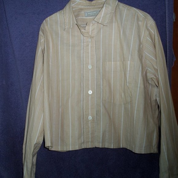 Everlane Organic Tan (BeigeCropped Button Down Stripe Long Sleeve Shirt Size M - Picture 1 of 7